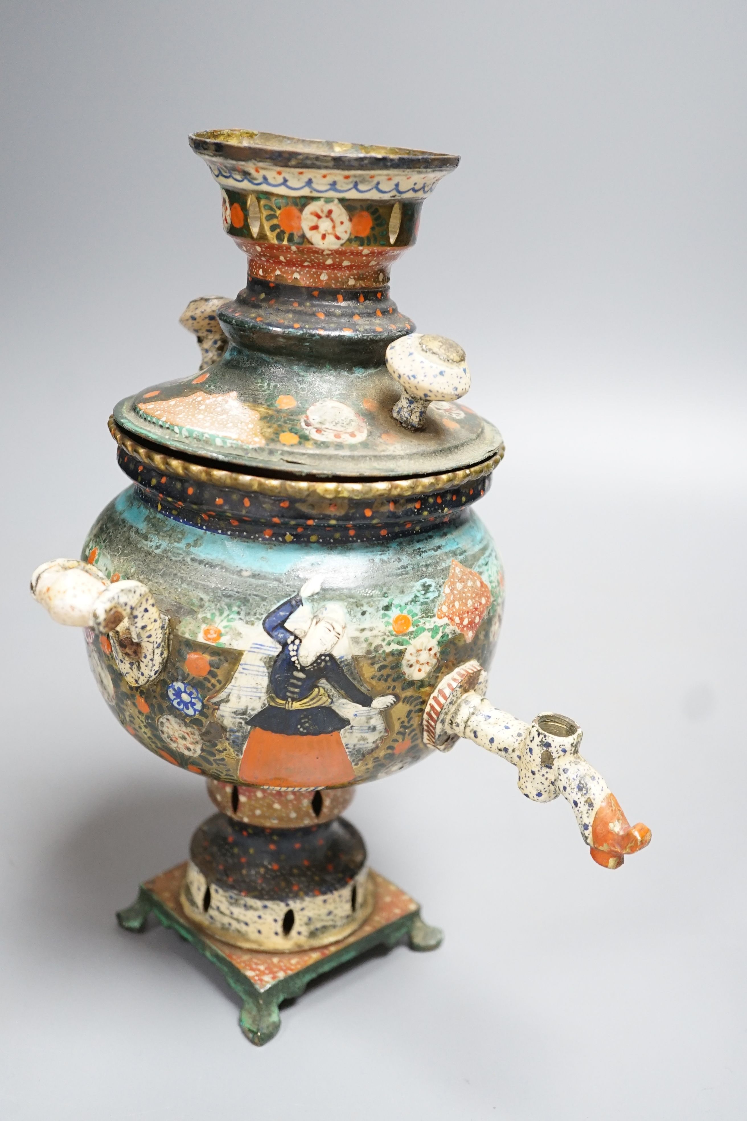 A Persian enamelled brass tea urn 24cm